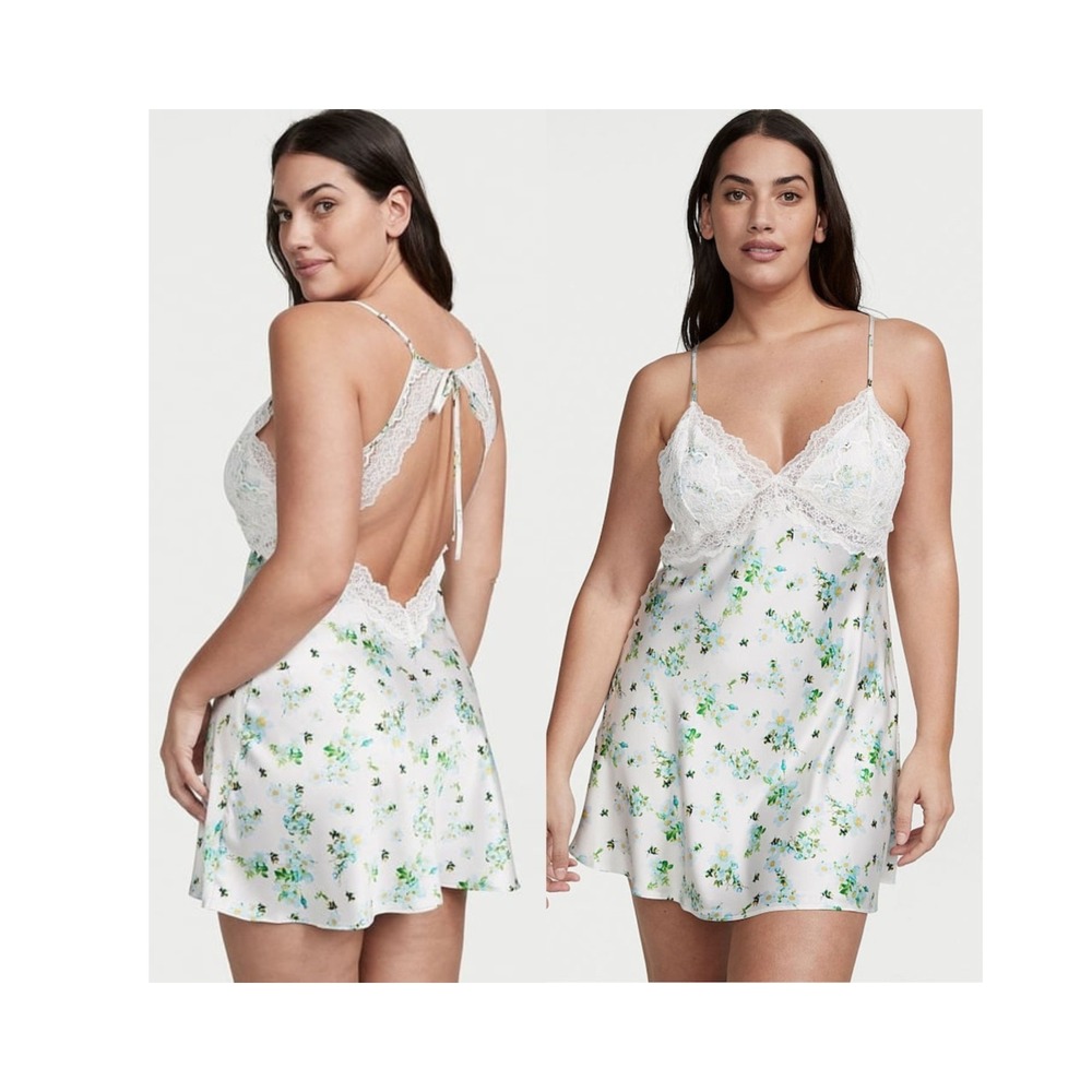 Victoria's Secret Lace Plunge Honeybee Floral Open-Back Slip Dress XL Coquette